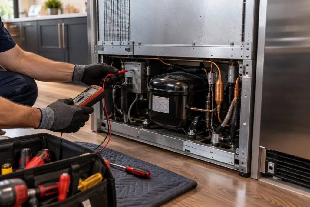 Technician inspecting compressor on a built-in refrigerator